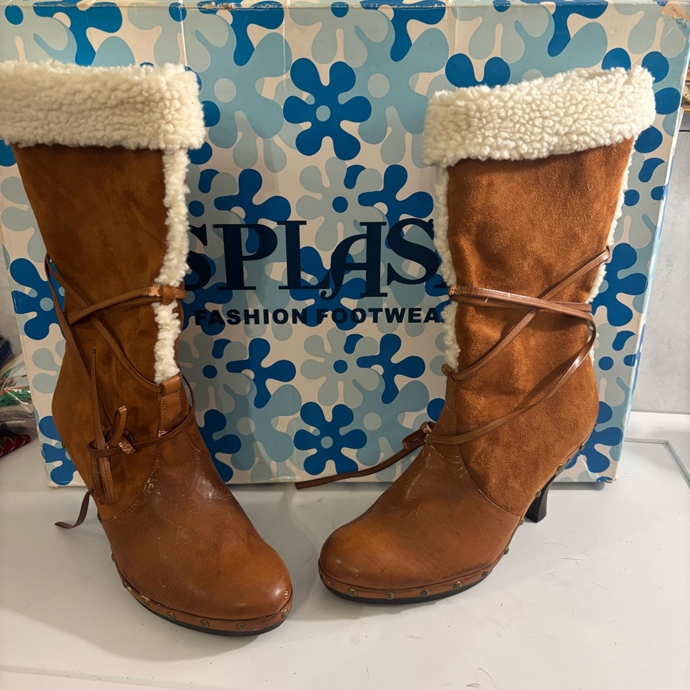 Splash Y2K Cognac Brown Faux Fur Suede Lined Mid Calf Heeled Boots Size 7